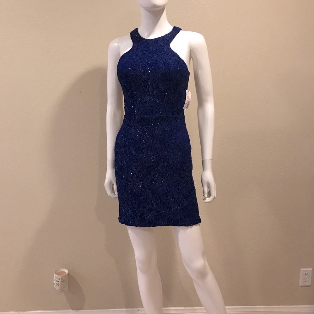 Jodi Kristopher Formal Halter Mini Dress NEW Size 7 Sparkle Blue Bodycon Dance